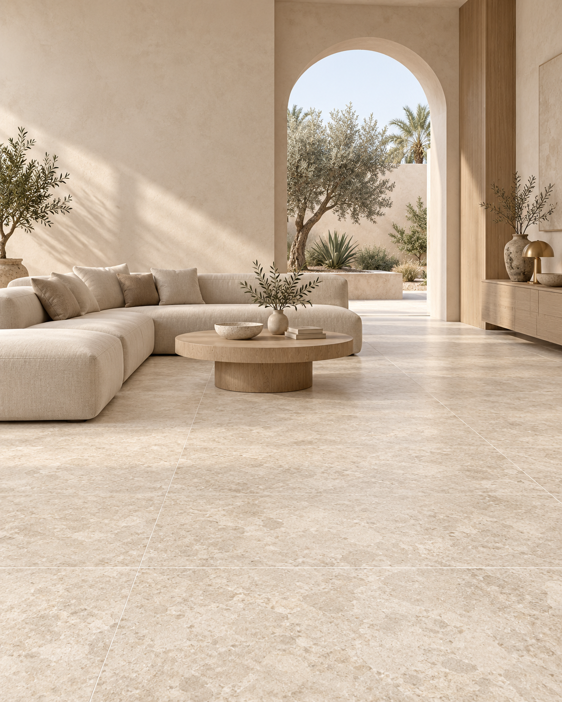 Japandi living room with MATERA Beige porcelain tile, pale oak furniture and soft neutral textiles