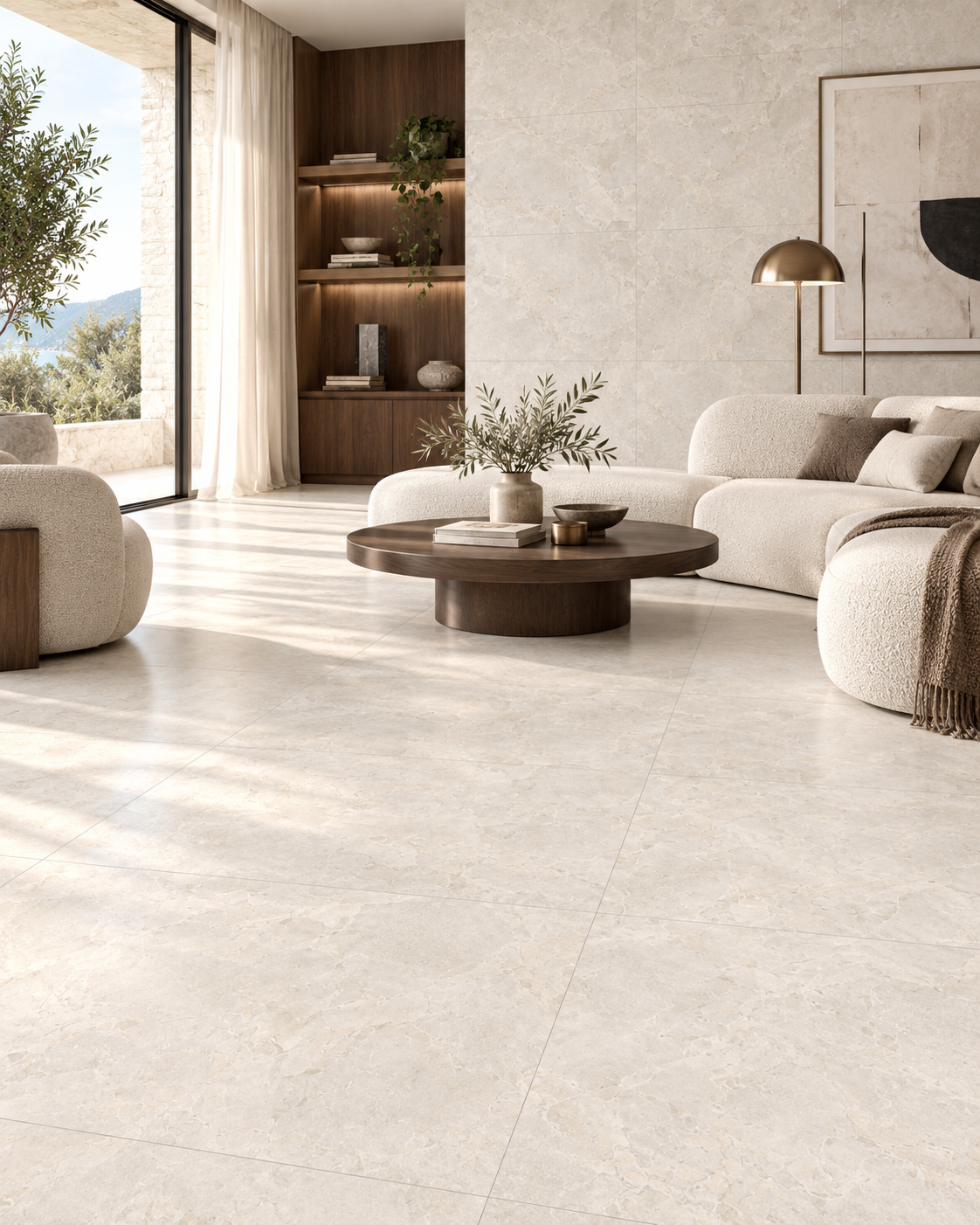 Contemporary luxury living room with IMPERIALE Bianco porcelain tile, walnut furniture and cream upholstery