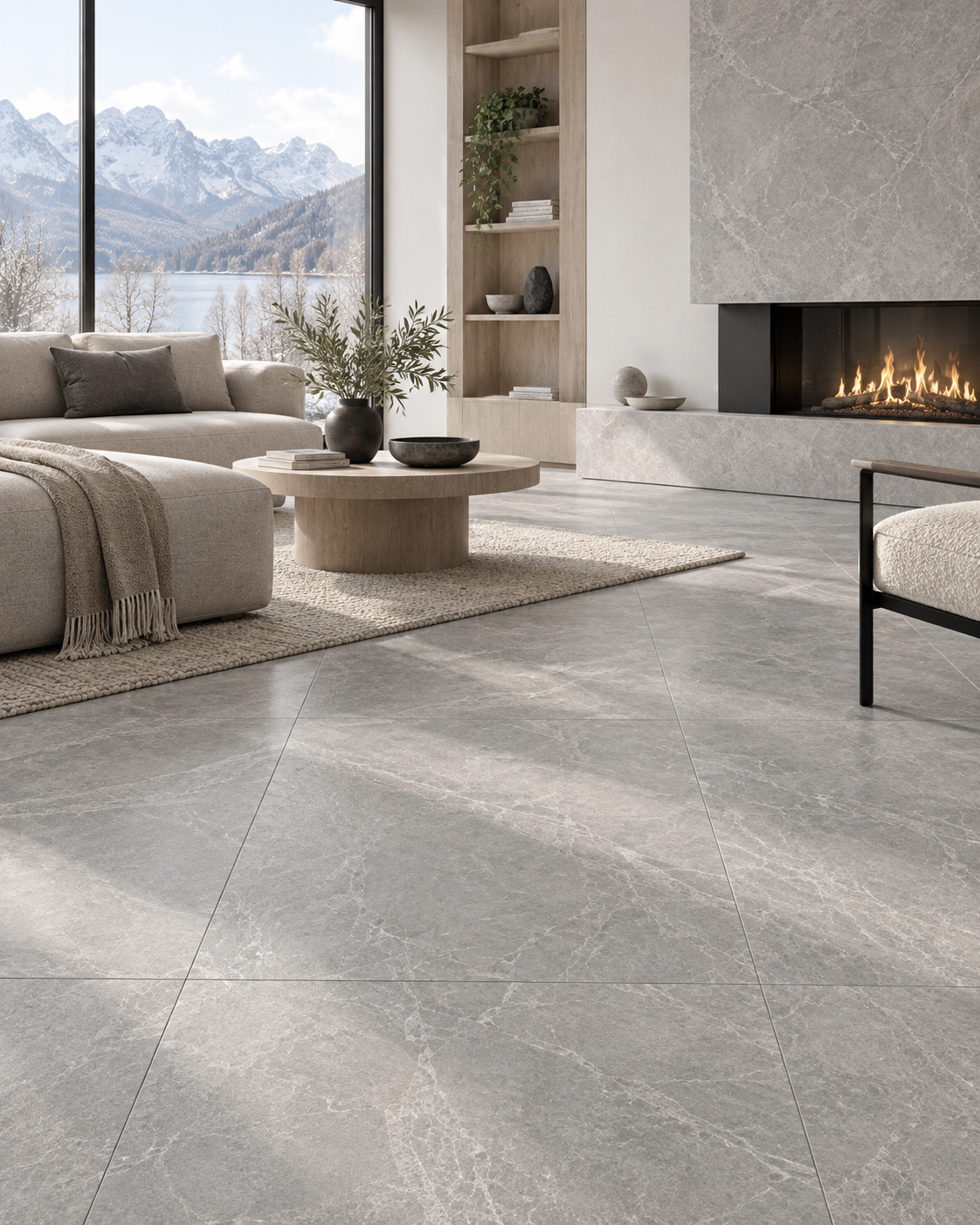 Scandinavian living room with MONTE BLANC Silver porcelain floor tile, light wood and soft daylight