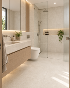 Modern organic bathroom with COCO Ivory porcelain tile, timber vanity and soft natural light