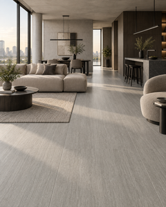 Modern architectural living room with PORTLAND VEINCUT Grigio porcelain tile and dark wood details