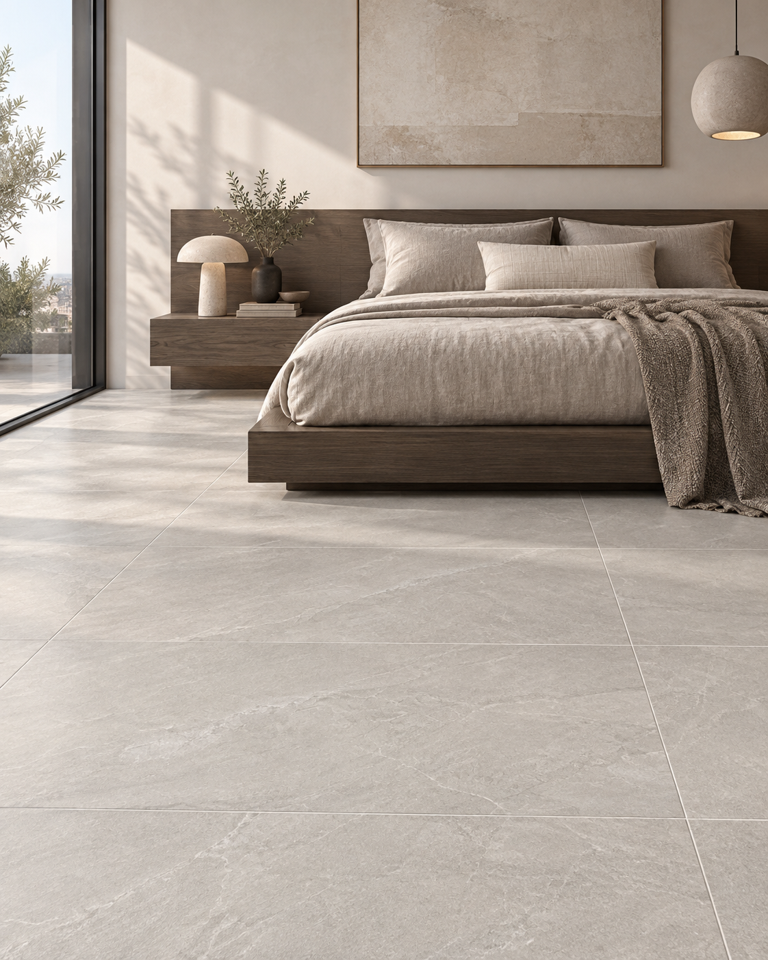 Urban minimalist bedroom with STONE Pearl porcelain tile, upholstered bed and warm timber details