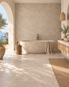 Mediterranean resort bathroom with TRAVERTINE CROSSCUT Cappuccino porcelain tile and warm plaster arches
