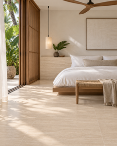 Tropical Japandi bedroom with TRAVERTINE VEINCUT Beige porcelain tile, teak screen and linen bedding