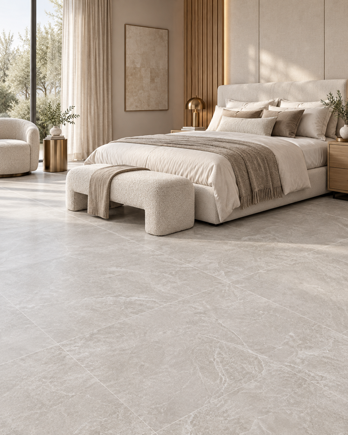 Soft luxury bedroom with JADE Pearl porcelain tile, layered neutral bedding and sculptural lighting