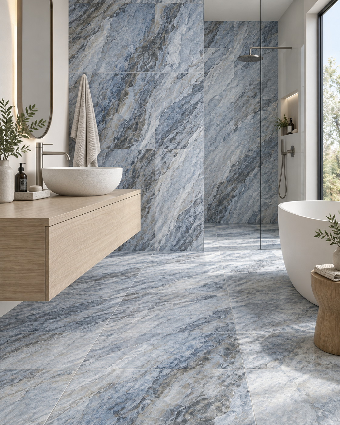 Organic contemporary bathroom with ANGELA Ocean blue-grey porcelain tile and pale oak vanity
