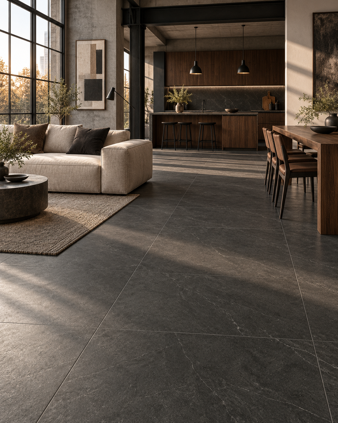 Modern industrial kitchen living room with CIMONE Black porcelain floor tile and walnut cabinetry