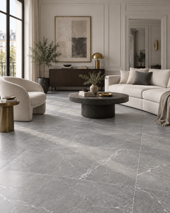 Contemporary classic living room with MIX Grey porcelain tile, cream seating and brass accents