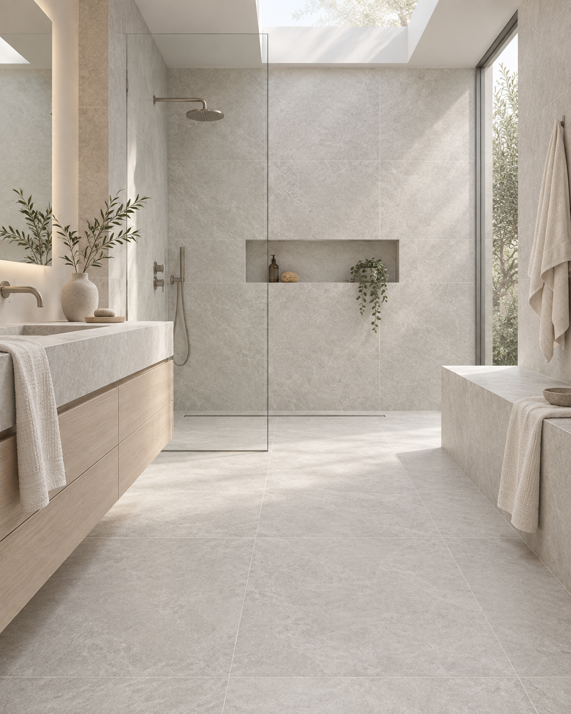 Natural minimalist spa bathroom with LIMESTONE Pearl porcelain tile, skylight and pale wood vanity
