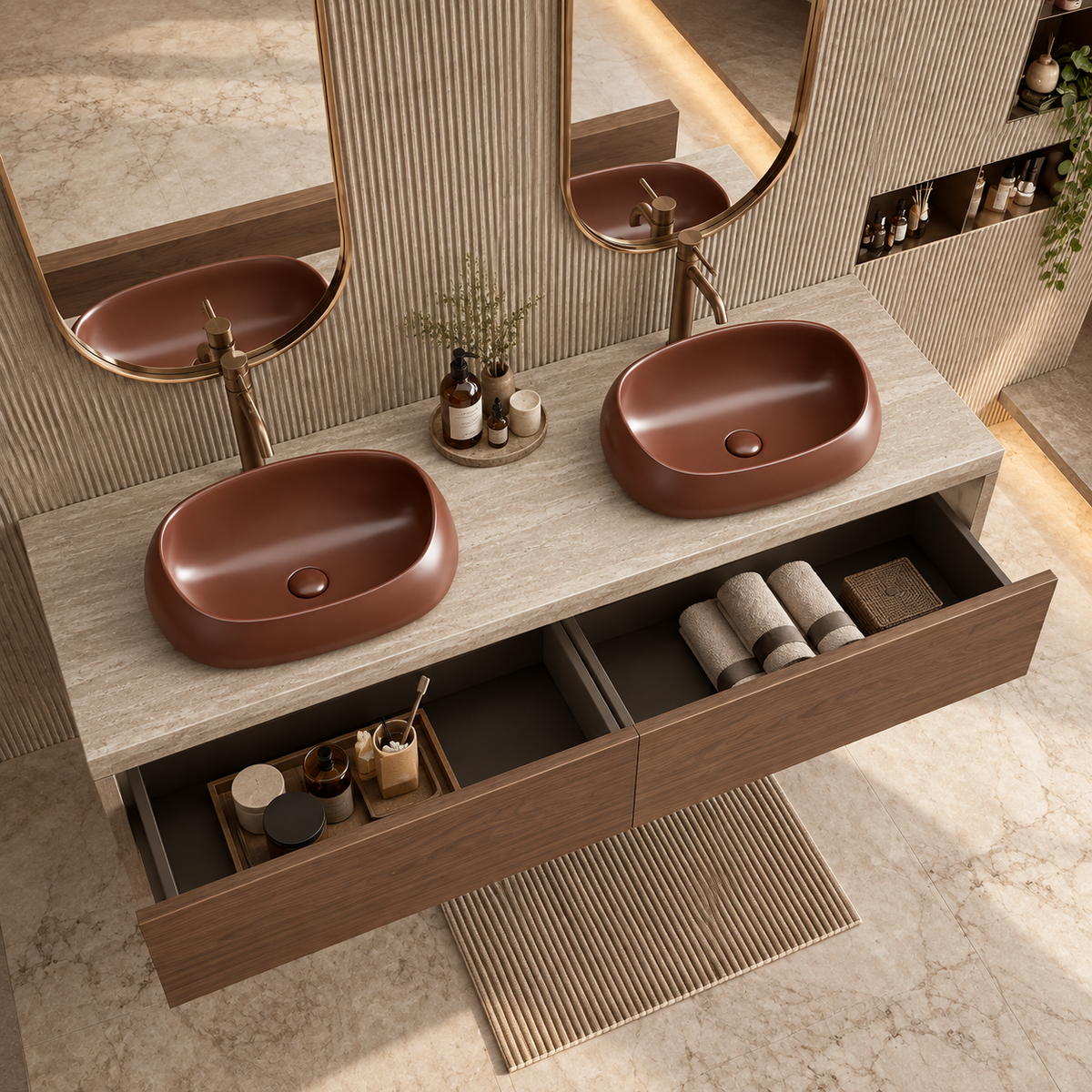 Velora ceramic countertop basin in Smoked Umber in a warm neutral bathroom