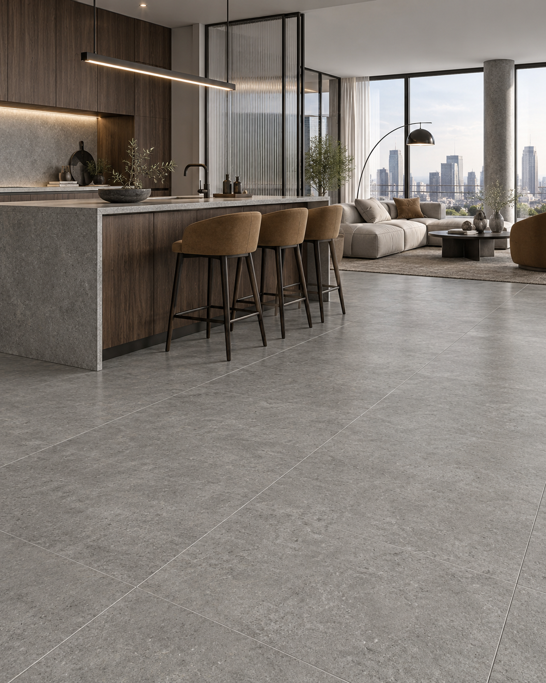 Urban contemporary penthouse kitchen living room with GALAXY Flint porcelain tile and dark oak