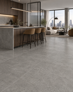 Urban contemporary penthouse kitchen living room with GALAXY Flint porcelain tile and dark oak