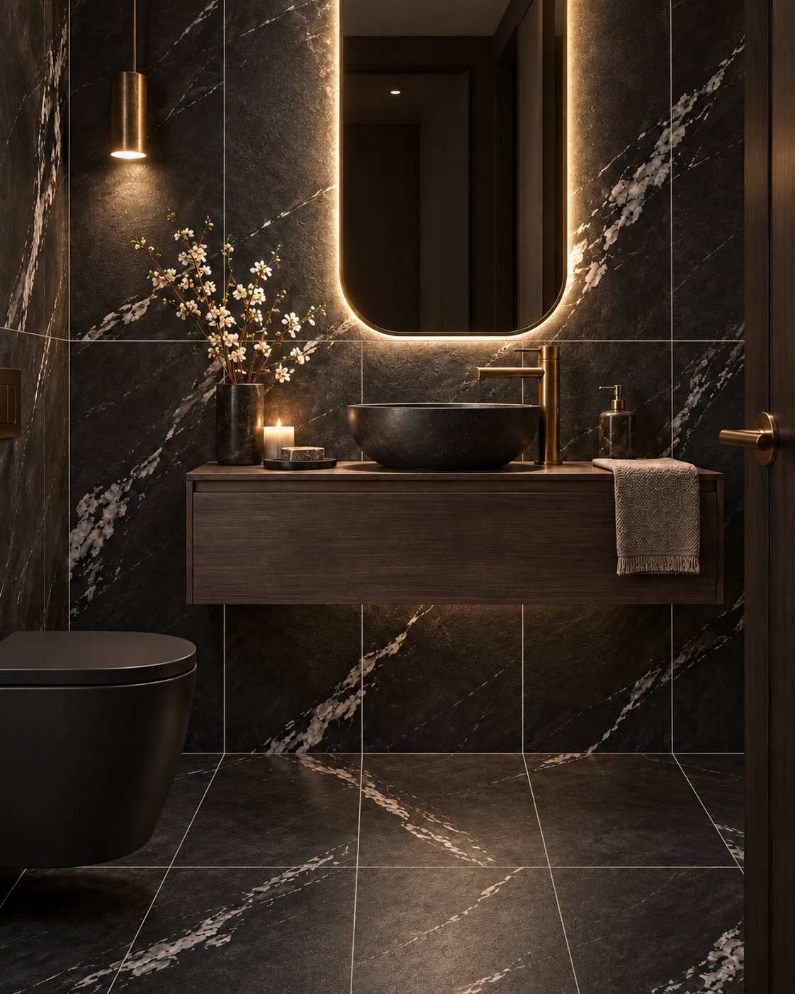 Dark luxury powder room with SPARKLE Charcoal porcelain tile, smoked oak vanity and brass lighting