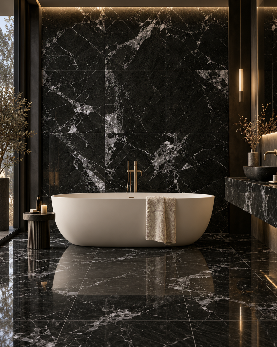 Dramatic luxury bathroom with NOIR BLANC VEINS Black porcelain tile and ivory freestanding bath