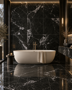 Dramatic luxury bathroom with NOIR BLANC VEINS Black porcelain tile and ivory freestanding bath