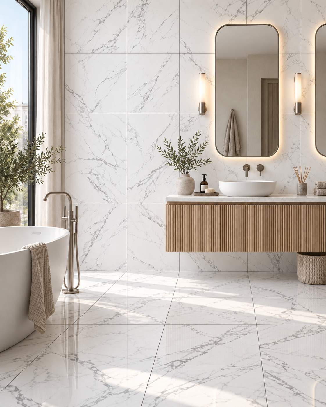 European luxury bathroom with CALACATTA ARABESCATO White porcelain tile and fluted oak vanity