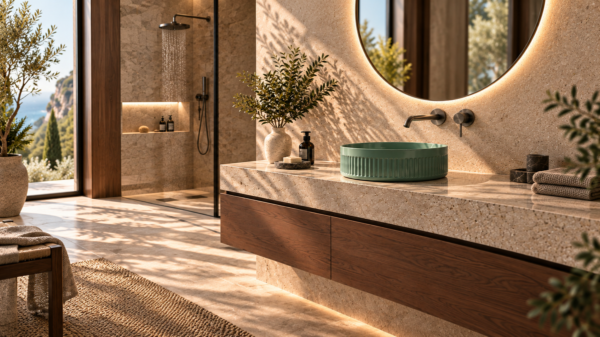 Warm stone bathroom featuring the green COLONNA countertop basin by NumiCasa