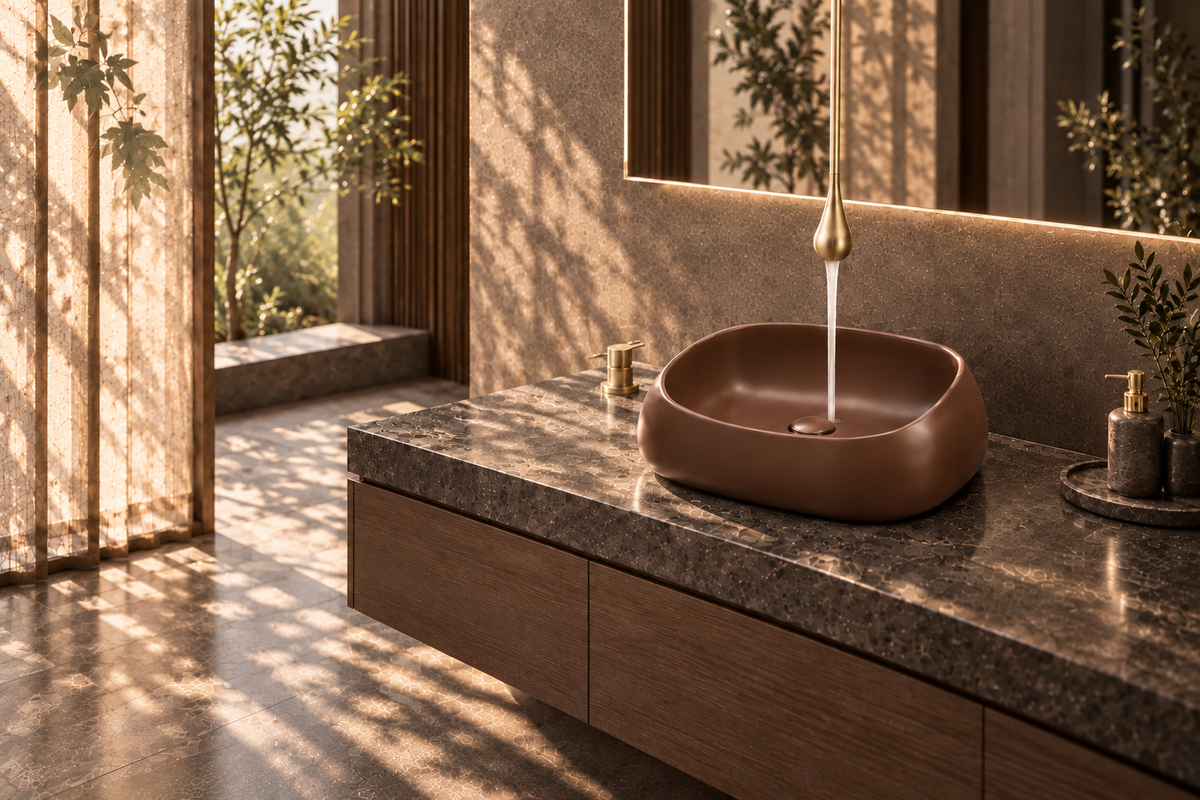 Three specification levels for the Velora Umber Light bathroom
