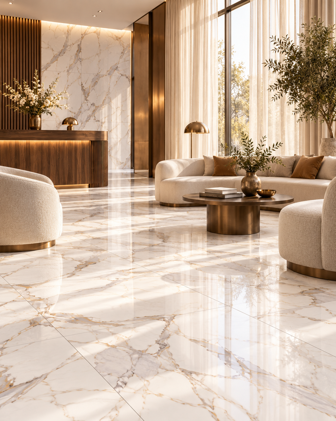 Five-star hotel lobby lounge with CALACATTA GOLD White porcelain floor tile and walnut reception desk