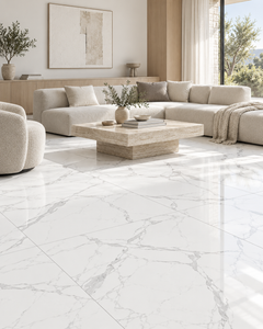 Timeless contemporary living room with CALACATTA WHITE porcelain tile and pale timber furniture