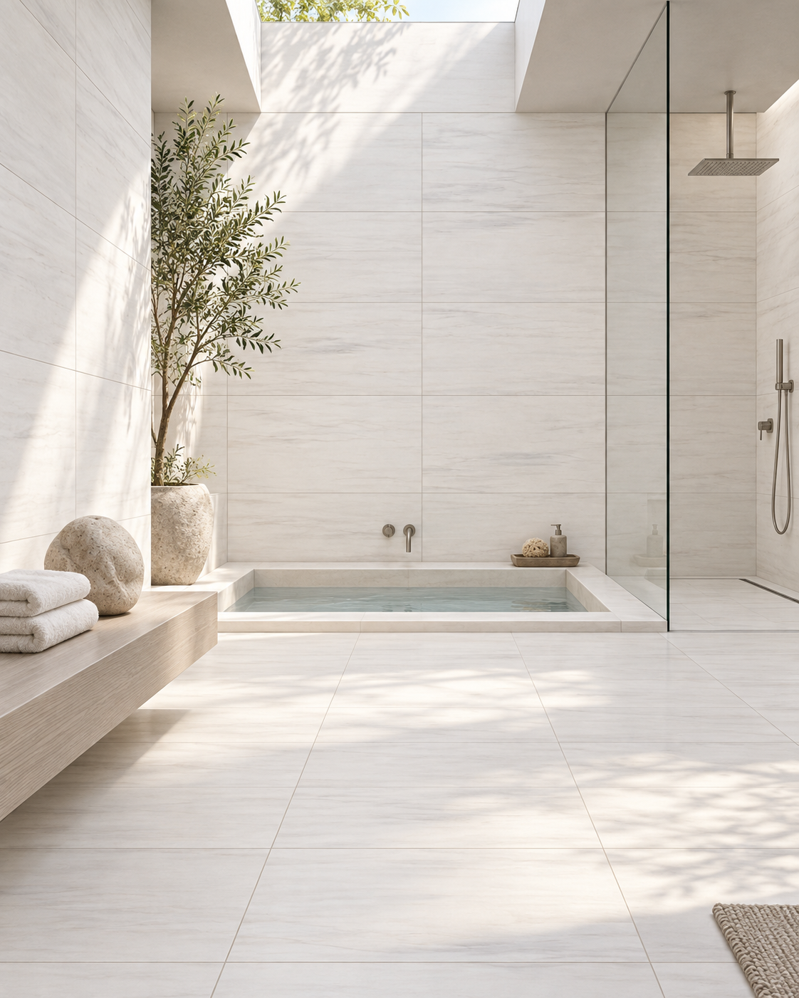 Spa minimalist bathroom with STAR WHITE porcelain tile, sunken bath, skylight and pale ash bench