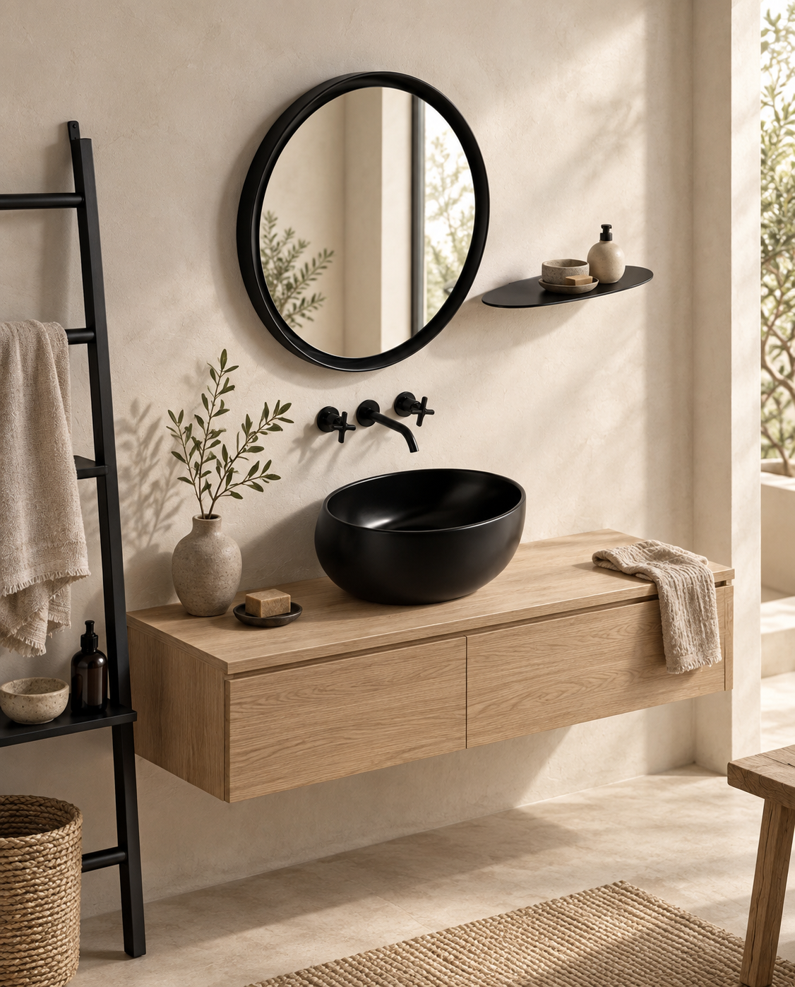 Ivory stone washbasin in a sunlit European bathroom