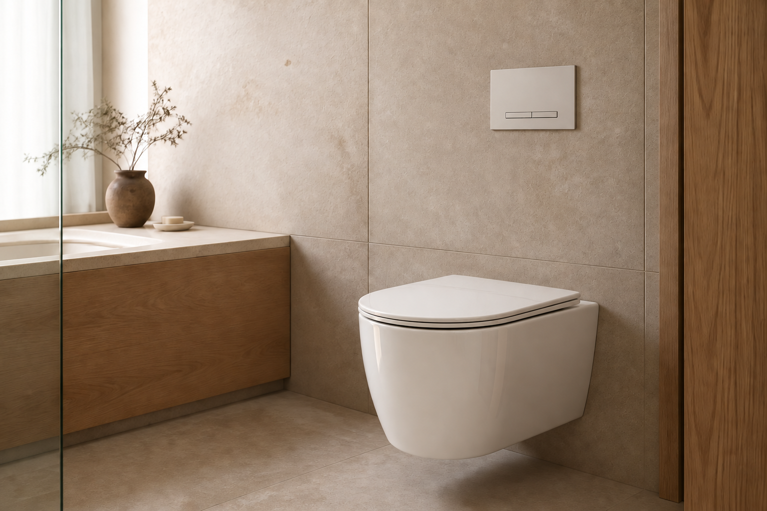 Wall-hung ceramic toilet in a quiet limestone bathroom