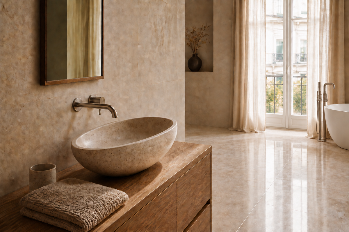 A contemporary European bathroom with limestone walls and warm morning light
