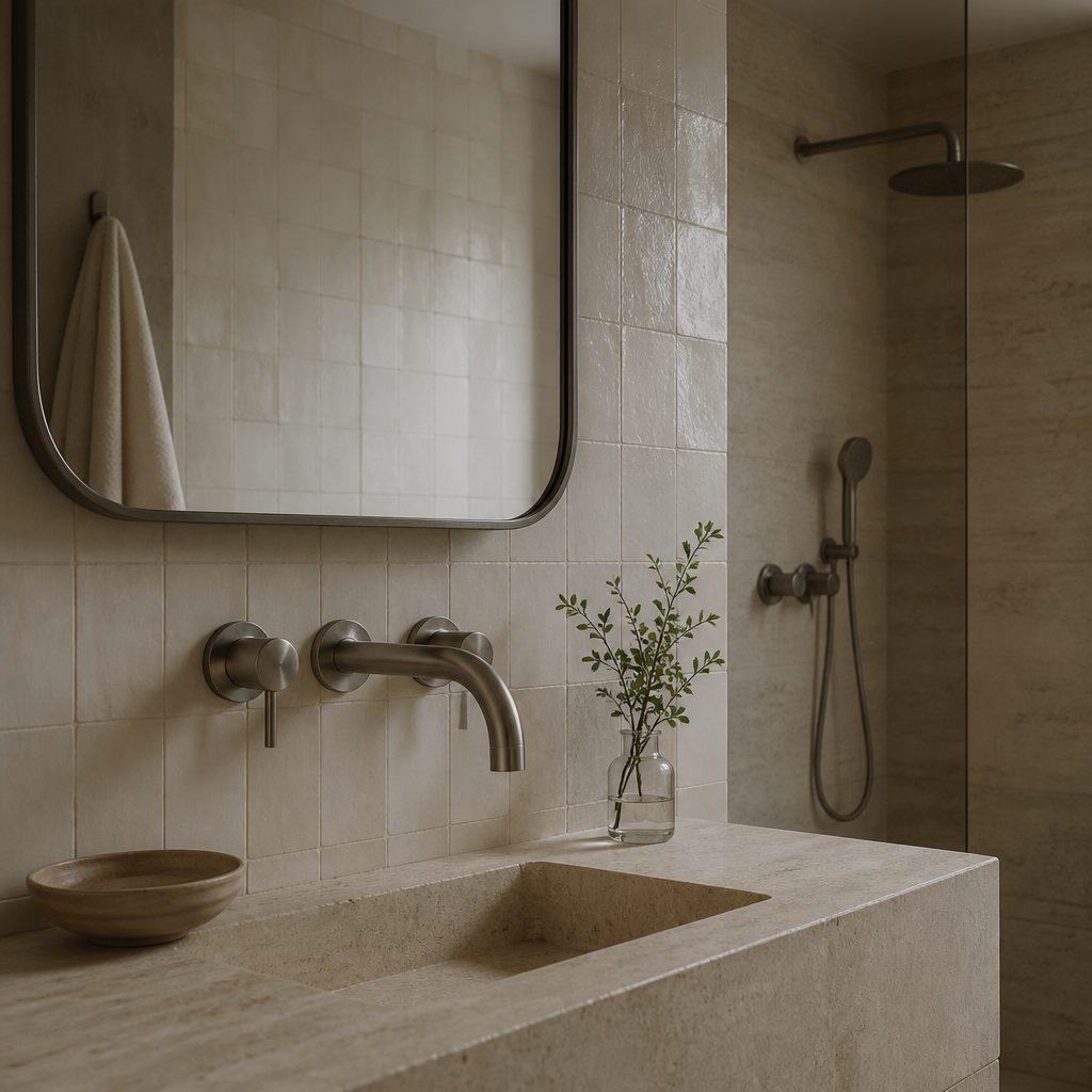 Brushed steel shower against travertine in natural light