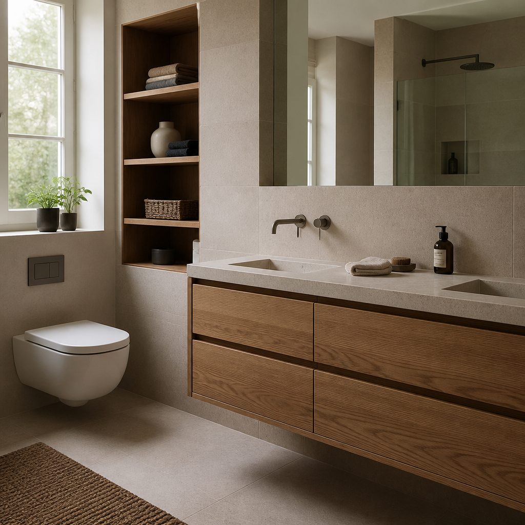 Warm oak bathroom vanity in a residential interior