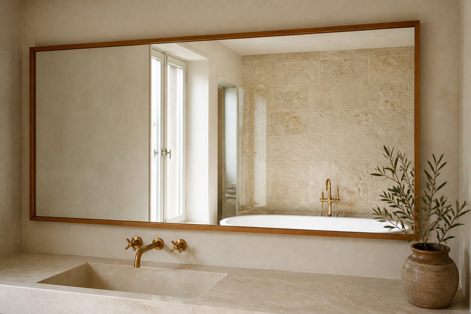 Frameless bathroom mirror reflecting a limestone wall