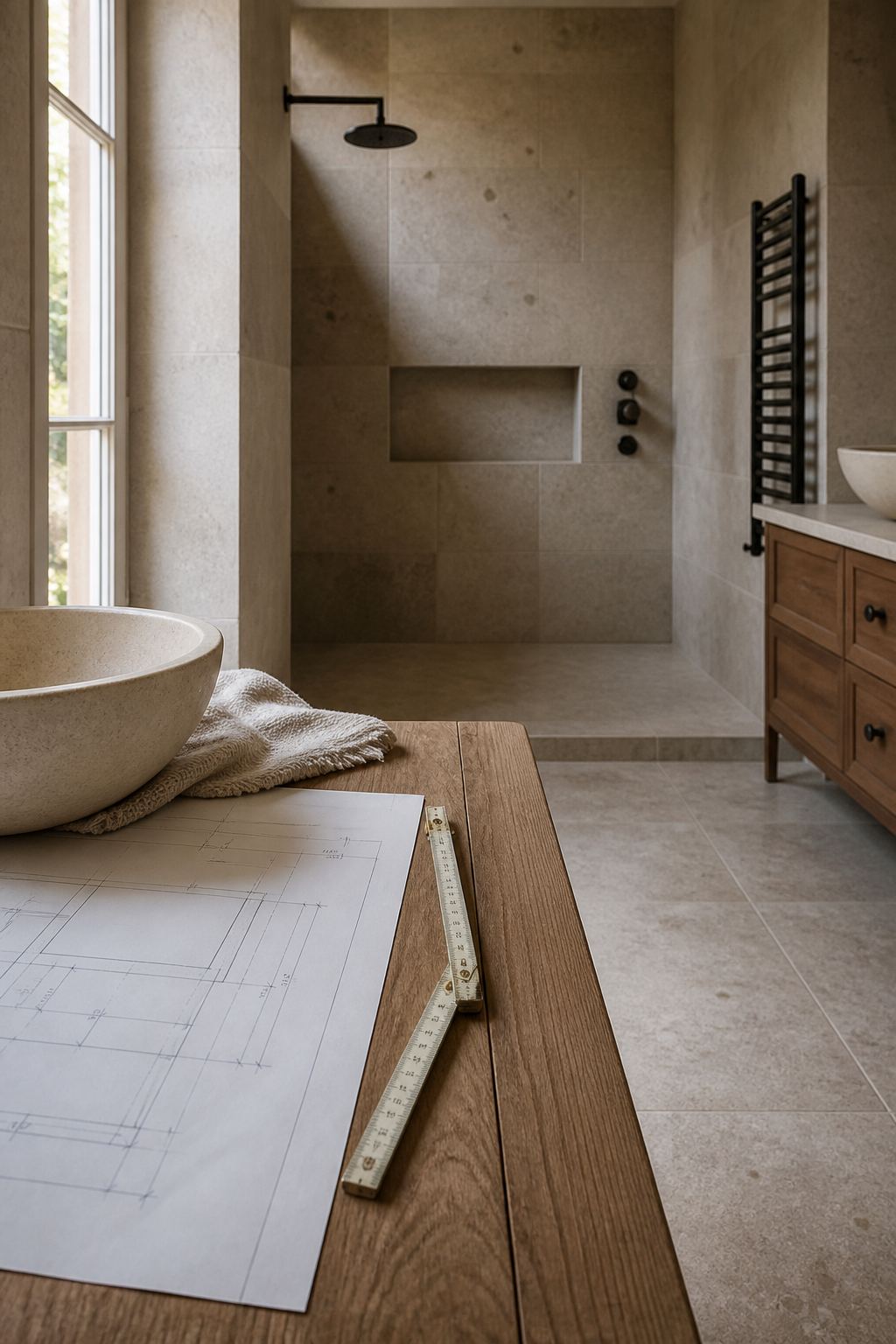 Bathroom materials and a basin ready for a residential renovation