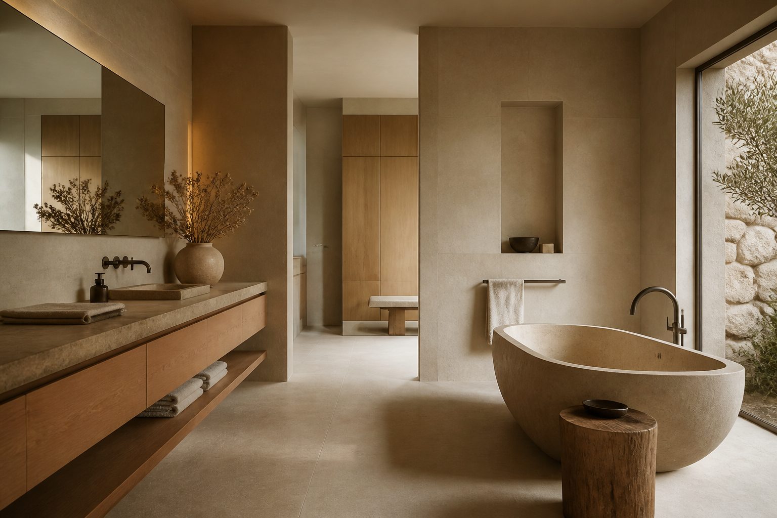 Editorial photograph of a limestone bathroom with linen and oak