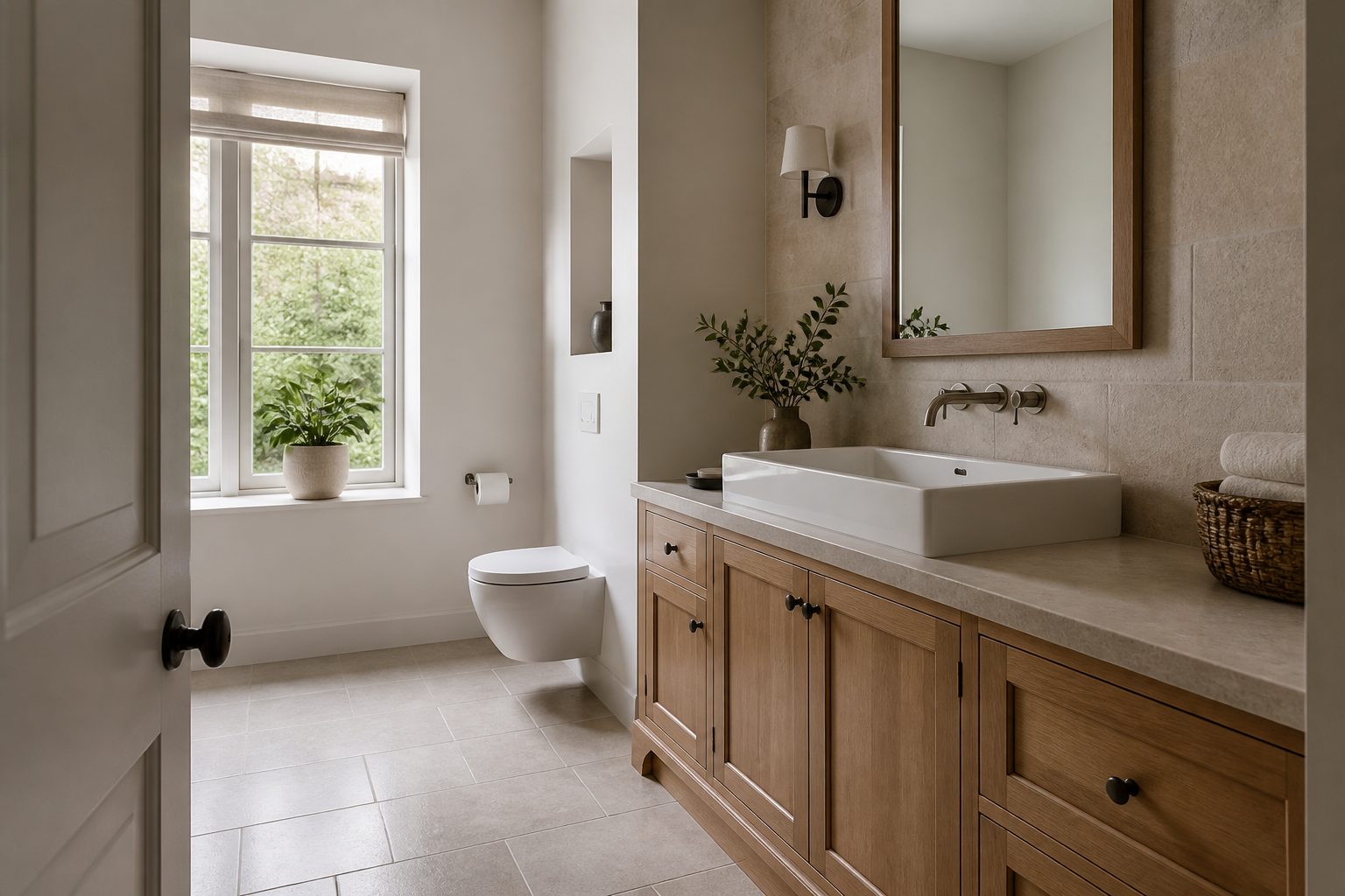 Calm guest bathroom with linen and an ivory basin