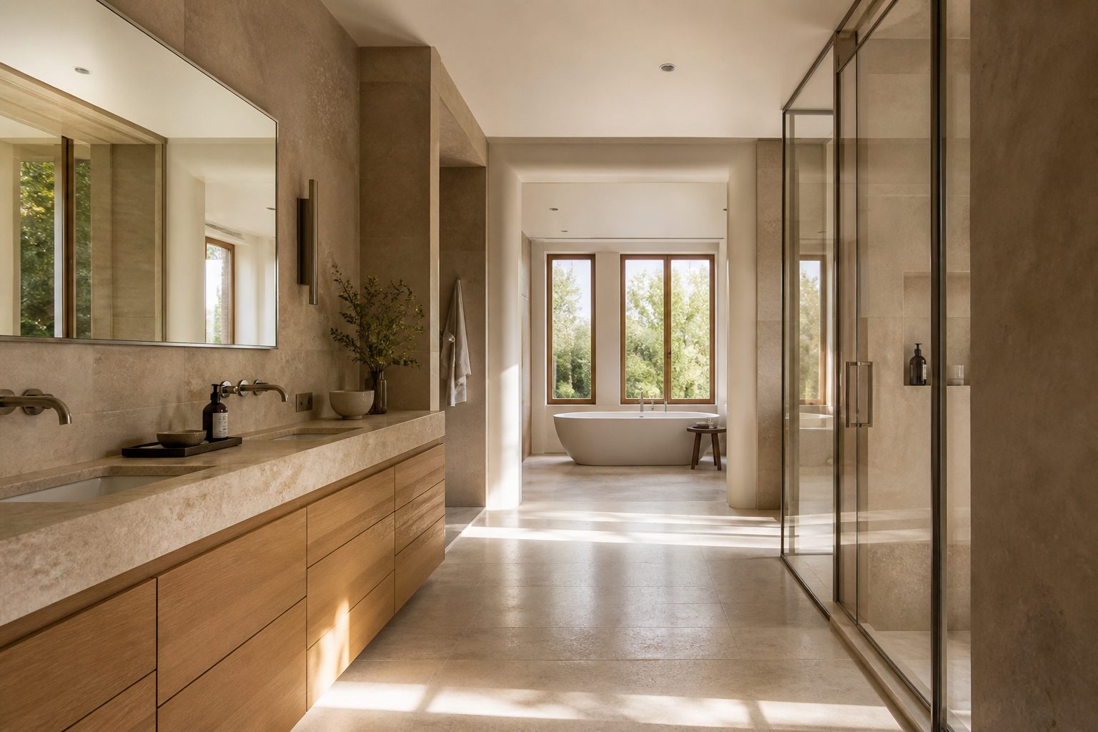 Spacious master bathroom with a freestanding tub and limestone walls
