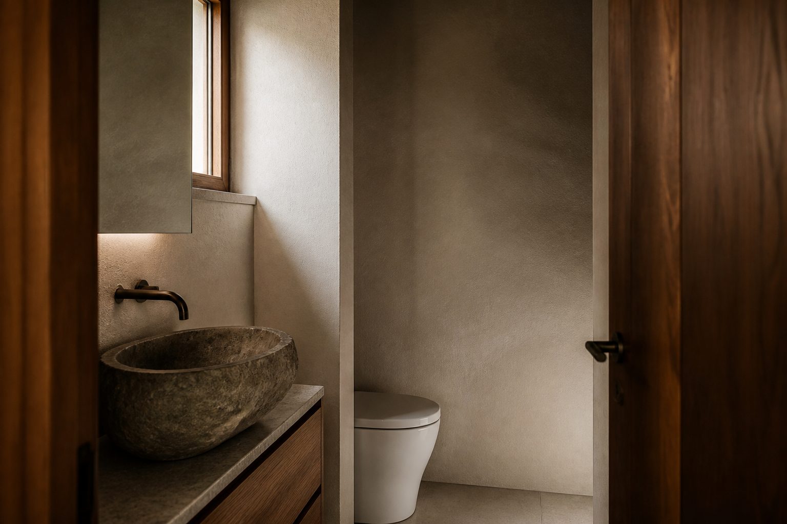 Compact powder room with a sculptural basin and round mirror