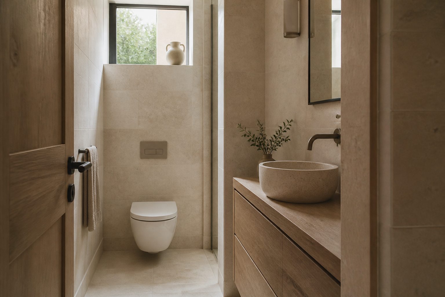Compact European bathroom with oak storage and a narrow window