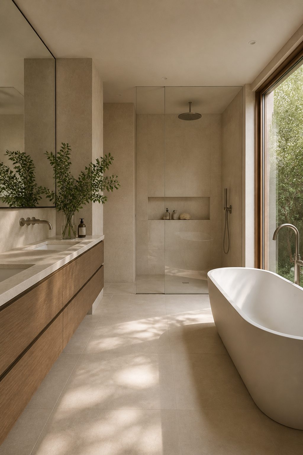 Contemporary bathroom with large limestone tiles and slim fixtures