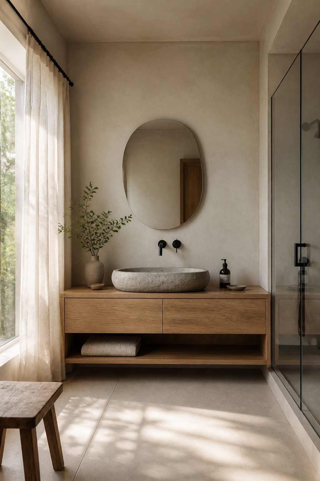 Japandi bathroom with oak slats, linen and a low stone basin