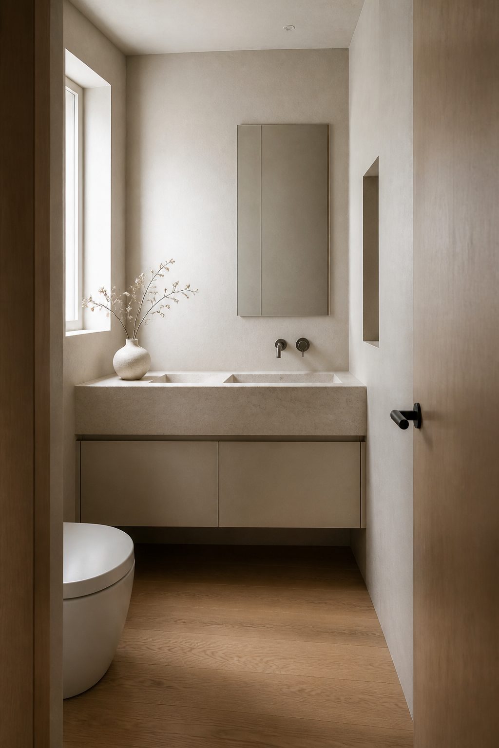 Minimal bathroom with pale plaster and a single stone basin
