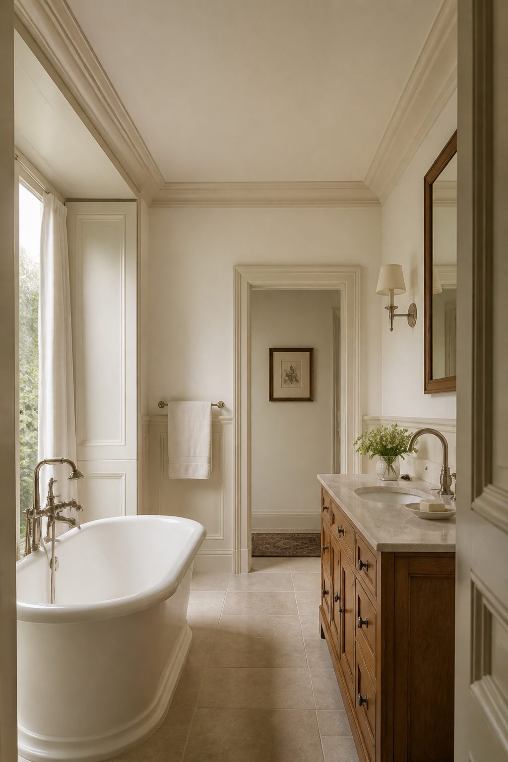 Modern classic bathroom with ivory panelling and a contemporary basin