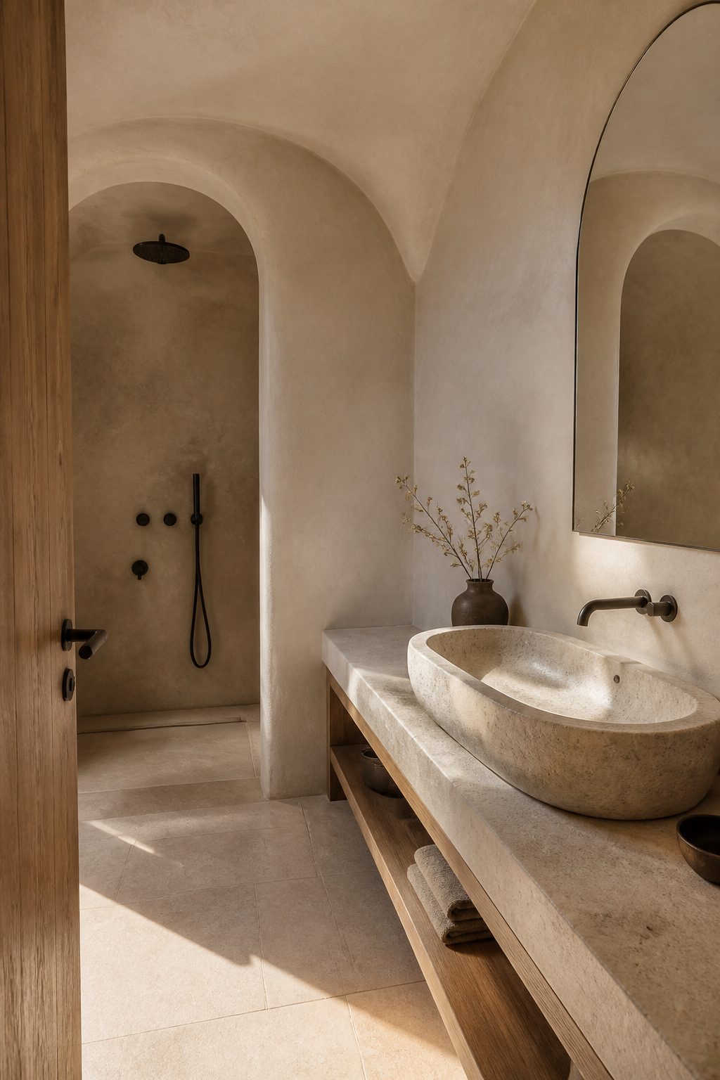 Organic bathroom with curved plaster and an irregular stone basin